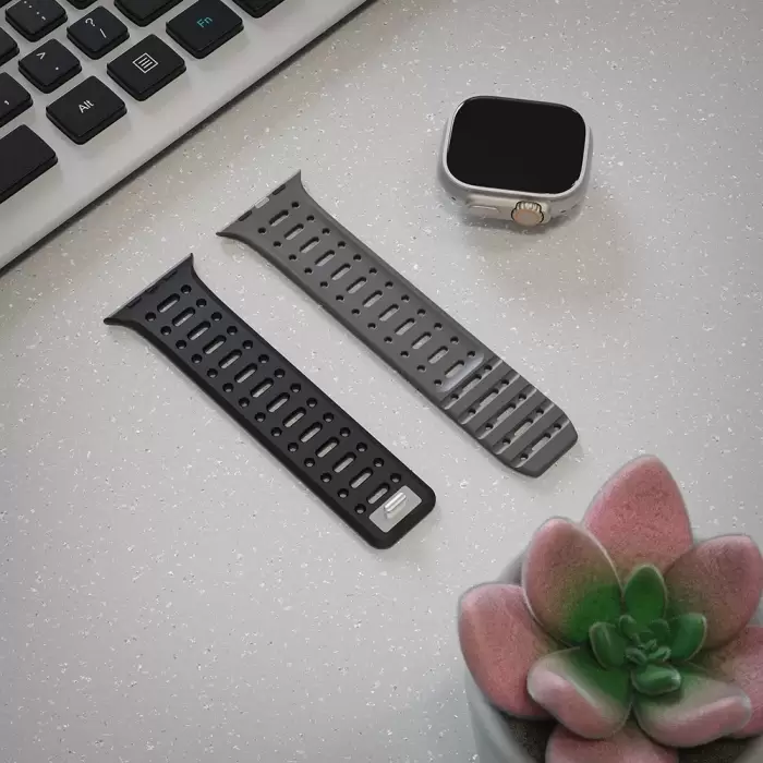 Apple Watch 7 45mm Çift Renk Moda Delikli Silikon Kordon Strap Kayış Krd-124