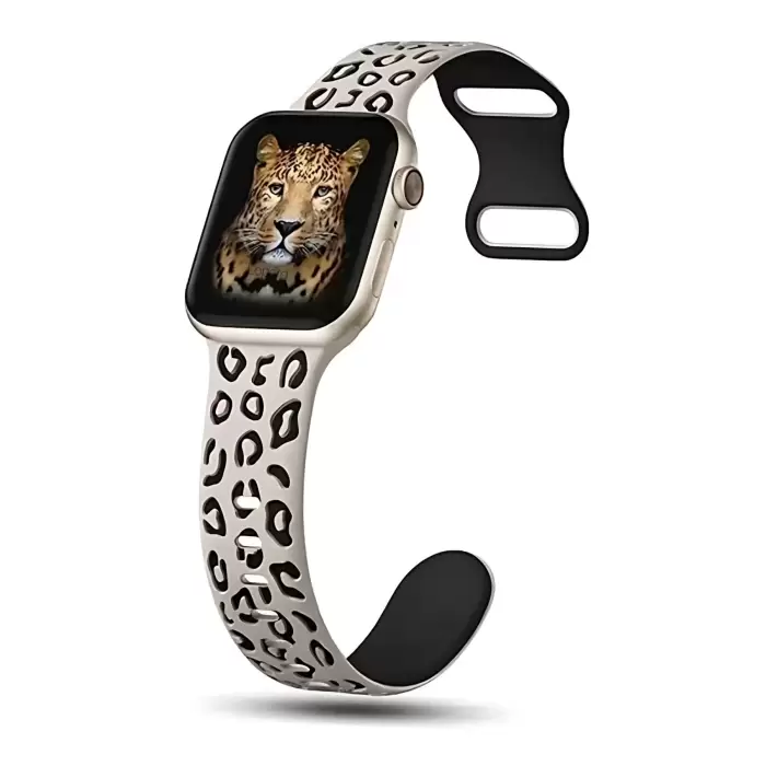 Apple Watch Seri 10 46mm Leopar Desenli İç Kabartmalı Yumuşak Silikon Kordon Ultra Uyumlu, 2/3/4/5/6/se/7/8/9