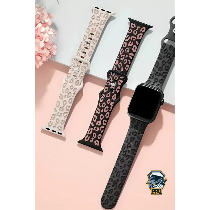 Apple Watch Seri 10 46mm Leopar Desenli İç Kabartmalı Yumuşak Silikon Kordon Ultra Uyumlu, 2/3/4/5/6/se/7/8/9