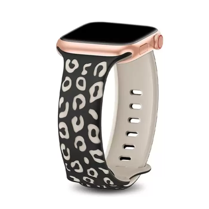 Apple Watch Seri 10 46mm Leopar Desenli İç Kabartmalı Yumuşak Silikon Kordon Ultra Uyumlu, 2/3/4/5/6/se/7/8/9