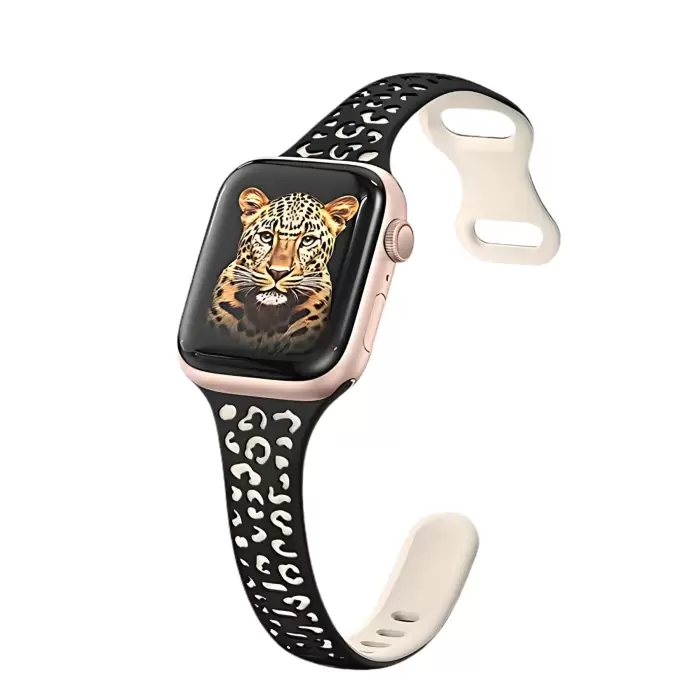 Apple Watch Seri 10 46mm Leopar Desenli İç Kabartmalı Yumuşak Silikon Kordon Ultra Uyumlu, 2/3/4/5/6/se/7/8/9