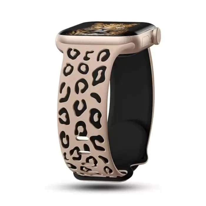 Apple Watch Seri 10 46mm Leopar Desenli İç Kabartmalı Yumuşak Silikon Kordon Ultra Uyumlu, 2/3/4/5/6/se/7/8/9