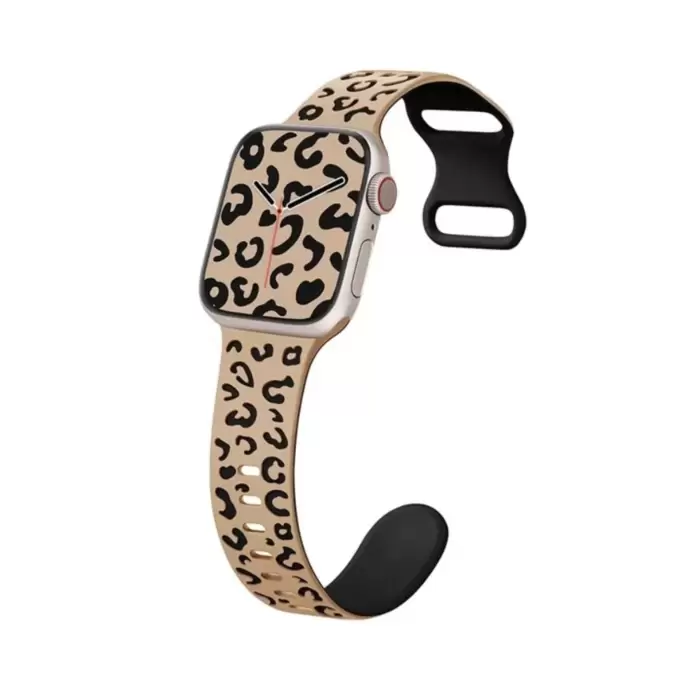 Apple Watch Seri 10 46mm Leopar Desenli İç Kabartmalı Yumuşak Silikon Kordon Ultra Uyumlu, 2/3/4/5/6/se/7/8/9