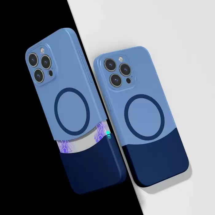 Apple İphone 14 Pro Max Kılıf Magsafe Şarj Kartlıklı Mıknatıslı Duble 1.7mm Kapak Kart Bölmeli Lacivert Siyah Gri Renkleriyle