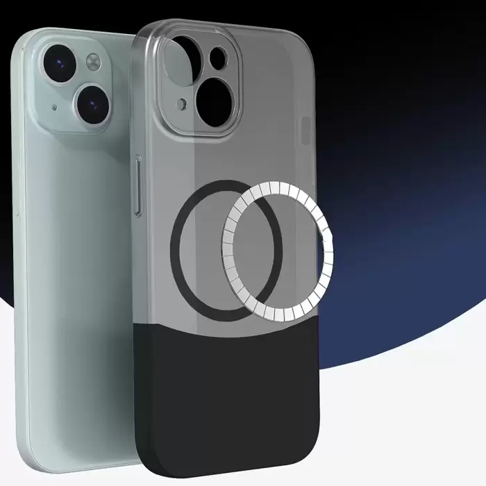 Apple İphone 14 Kılıf Magsafe Şarj Kartlıklı Mıknatıslı Duble 1.7mm Kapak Kart Bölmeli Lacivert Siyah Gri Renkleriyle