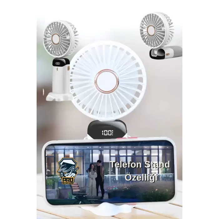 Dijital Led Göstergeli El Fanı Vantilatör 5 Kademeli Katlanabilir Askılıklı Portatif Mini Soğutucu Çanta Dostu
