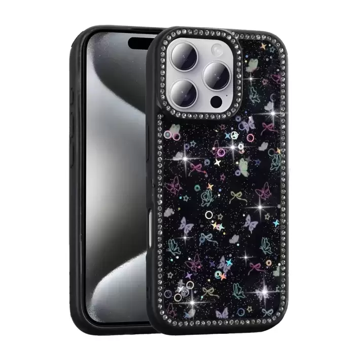 Apple İphone 16 Pro Kılıf Taşlı Simli Kenarları Silikon Parıltılı Azra Kapak Telefon Kılıfı Kamera Korumalı Yıldız&Kelebek Desenleriyle
