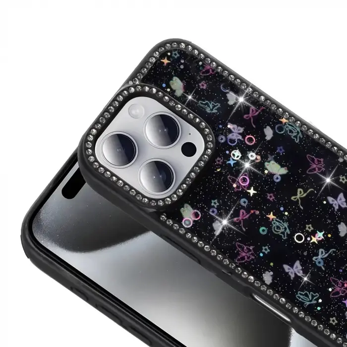 Apple İphone 16 Pro Kılıf Taşlı Simli Kenarları Silikon Parıltılı Azra Kapak Telefon Kılıfı Kamera Korumalı Yıldız&Kelebek Desenleriyle