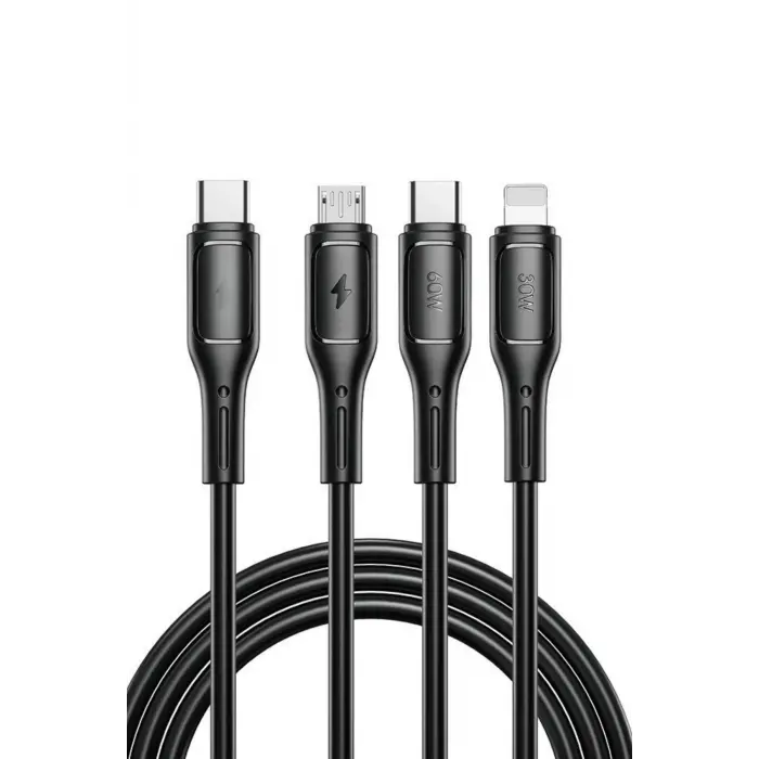 60W Link Type-C Süper Fast PD Şarj Kablosu 3in1 iPhone Samsung Xiaomi Huawei Hızlı Şarj Data USB Kablo Kopmayan Sağlam Halat Örgülü 1.2m