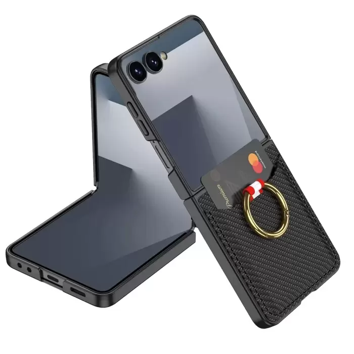 Samsung Galaxy Z Flip 7 Kılıf Yüzüklü Kartlıklı Kapak Kıpta - Şık Koruma, Kredi Kart Yuvası, Stand Özelliği