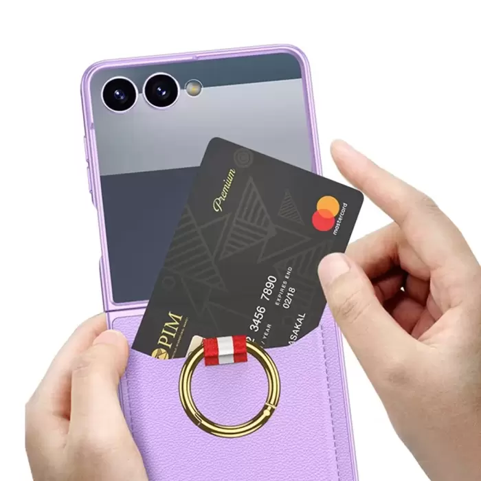 Samsung Galaxy Z Flip 7 Kılıf Yüzüklü Kartlıklı Kapak Kıpta - Şık Koruma, Kredi Kart Yuvası, Stand Özelliği