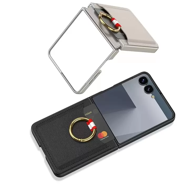 Samsung Galaxy Z Flip 7 Kılıf Yüzüklü Kartlıklı Kapak Kıpta - Şık Koruma, Kredi Kart Yuvası, Stand Özelliği