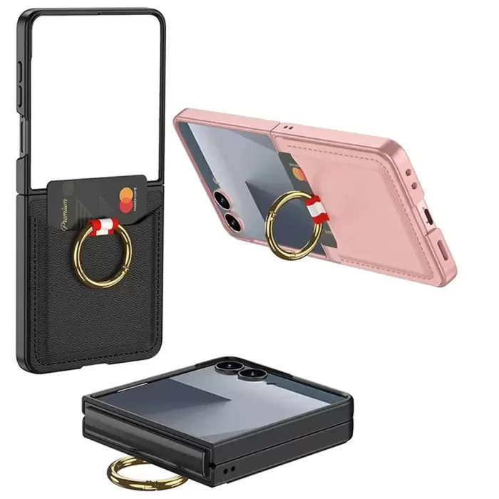 Samsung Galaxy Z Flip 7 Kılıf Yüzüklü Kartlıklı Kapak Kıpta - Şık Koruma, Kredi Kart Yuvası, Stand Özelliği