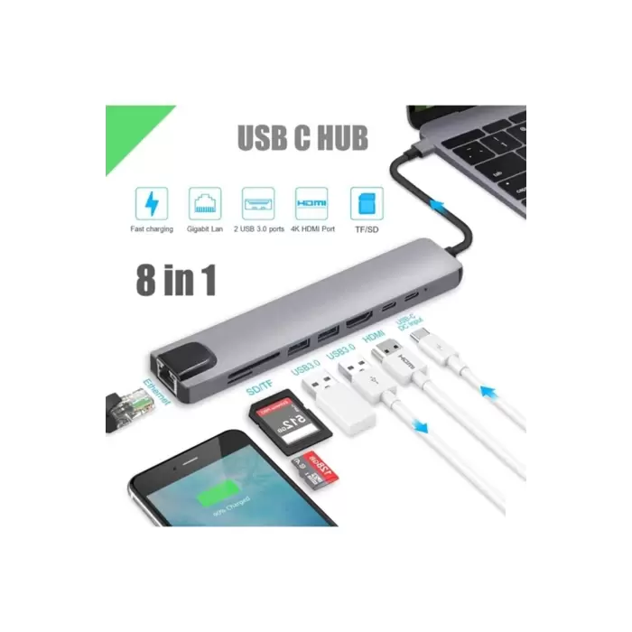 Lopard 8 In 1 Type C Hub HDMI Dönüştürücü Apple Macbook Pro/air iPhone iPad Matebook Uyumlu Çevirici Çoğaltıcı Ethernet RJ45 Sd Tf USB Type C Hub