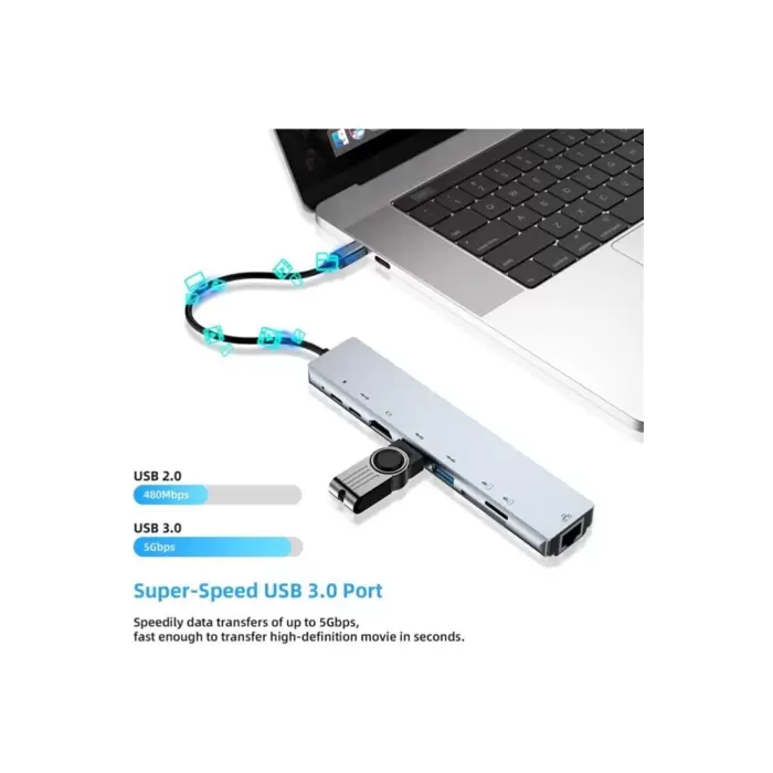 Lopard 8 In 1 Type C Hub HDMI Dönüştürücü Apple Macbook Pro/air iPhone iPad Matebook Uyumlu Çevirici Çoğaltıcı Ethernet RJ45 Sd Tf USB Type C Hub