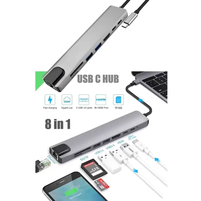 Lopard 8 In 1 Type C Hub HDMI Dönüştürücü Apple Macbook Pro/air iPhone iPad Matebook Uyumlu Çevirici Çoğaltıcı Ethernet RJ45 Sd Tf USB Type C Hub