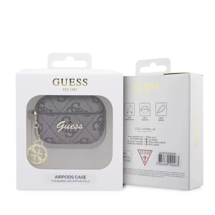 Apple Airpods Pro 2 Kılıf Guess Marka Lisanslı 4g Desenli Metal Script Logolu 4g Charm Pu Deri Kapak