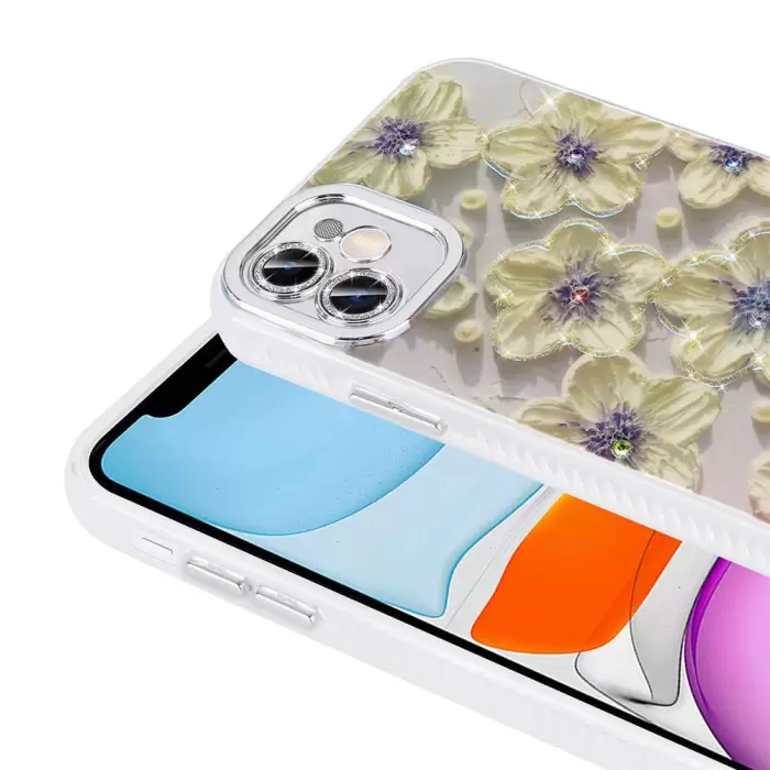 Apple iPhone 11 Kılıf Çiçek Desenli Parlak Taşlı Sert Silikon Lopard Garden Kapak