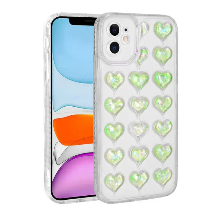 Apple iPhone 11 Kılıf Kamera Korumalı Renkli Kalp Desenli Transparan Lopard Kalp Kapak