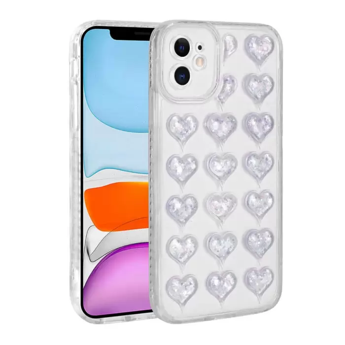 Apple iPhone 11 Kılıf Kamera Korumalı Renkli Kalp Desenli Transparan Lopard Kalp Kapak
