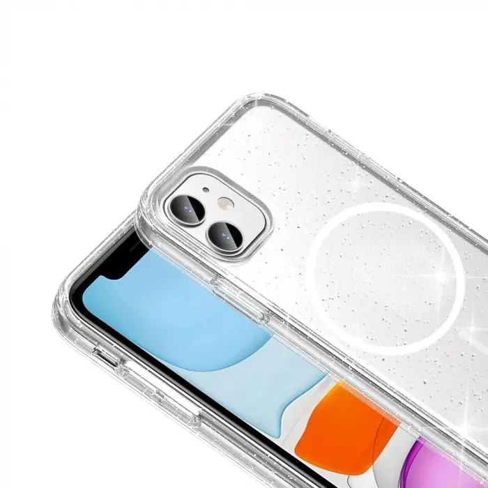 Apple İphone 11 Kılıf Magsafe Şarj Özellikli Parlayan Simli Saydam Renkli Lopard Maris Kapak