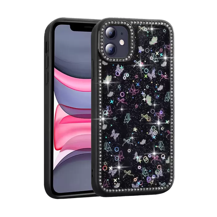 Apple İphone 11 Kılıf Taşlı Ve Simli Tasarım Lopard Azra Kapak