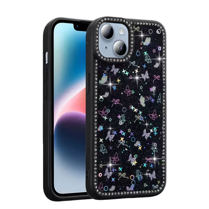 Apple İphone 13 Kılıf Taşlı Ve Simli Tasarım Lopard Azra Kapak