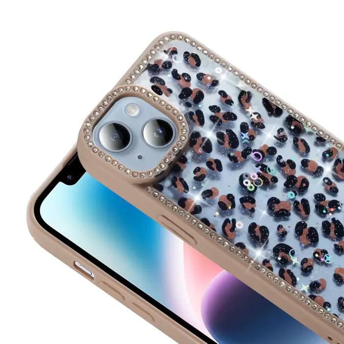 Apple İphone 13 Kılıf Taşlı Ve Simli Tasarım Lopard Azra Kapak