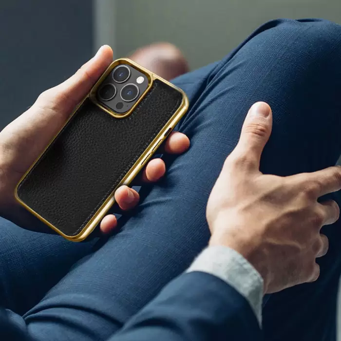 Apple İphone 13 Kılıf Wiwu Genuine Leather Gold Calfskin Orjinal Deri Kapak