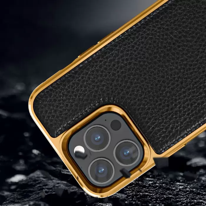Apple İphone 13 Pro Kılıf Wiwu Genuine Leather Gold Calfskin Orjinal Deri Kapak