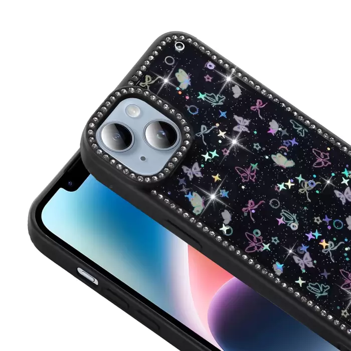 Apple İphone 14 Kılıf Taşlı Ve Simli Tasarım Lopard Azra Kapak