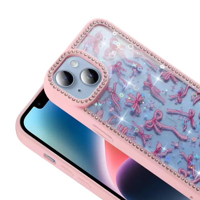 Apple İphone 14 Kılıf Taşlı Ve Simli Tasarım Lopard Azra Kapak