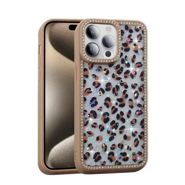 Apple İphone 14 Pro Kılıf Taşlı Ve Simli Tasarım Lopard Azra Kapak