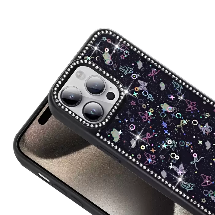 Apple İphone 14 Pro Kılıf Taşlı Ve Simli Tasarım Lopard Azra Kapak