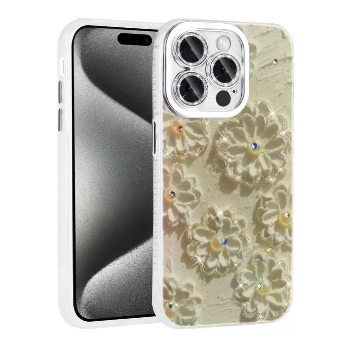 Apple iPhone 14 Pro Max Kılıf Çiçek Desenli Parlak Taşlı Sert Silikon Lopard Garden Kapak