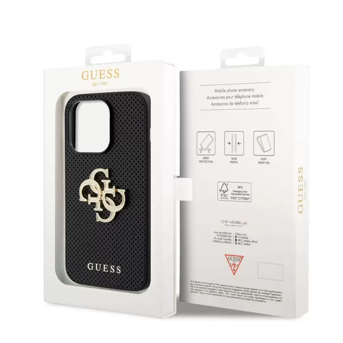 Apple İphone 14 Pro Max Kılıf Guess Orjinal Lisanslı Delikli Yazı Ve 4g Glitter Büyük Metal Logolu Kapak