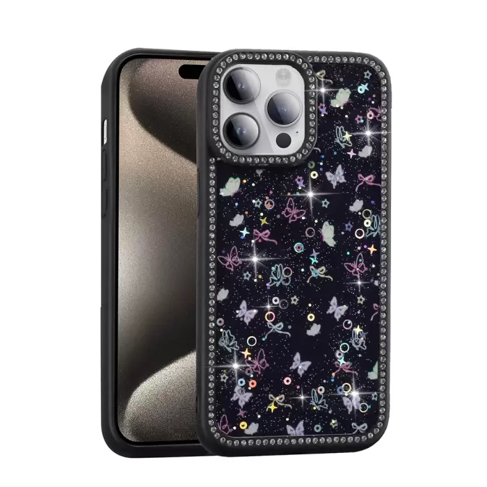 Apple İphone 14 Pro Max Kılıf Taşlı Ve Simli Tasarım Lopard Azra Kapak
