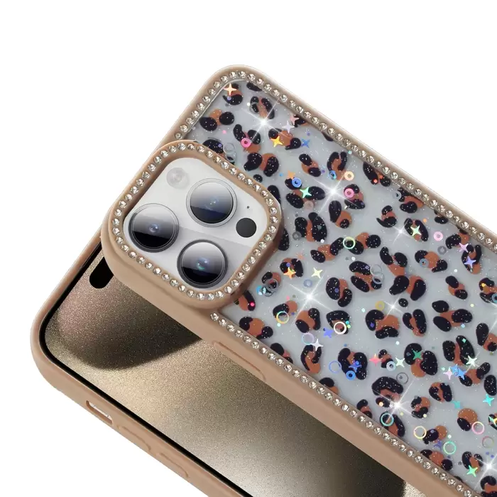 Apple İphone 14 Pro Max Kılıf Taşlı Ve Simli Tasarım Lopard Azra Kapak