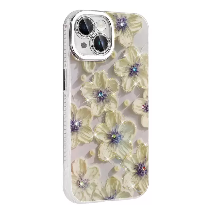 Apple iPhone 15 Kılıf Çiçek Desenli Parlak Taşlı Sert Silikon Lopard Garden Kapak