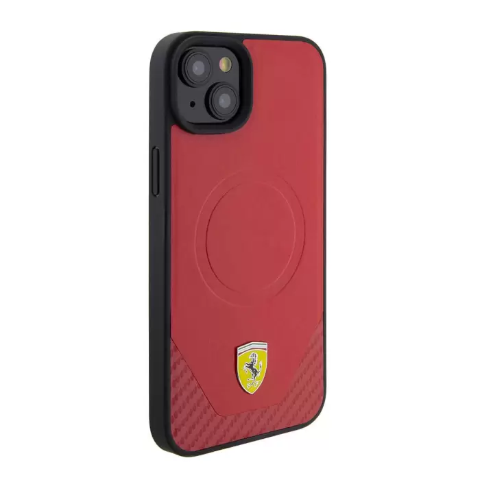 Apple İphone 15 Kılıf Ferrari Orjinal Lisanslı Magsafe Şarj Özellikli Metal Logolu Pu Karbon Kapak