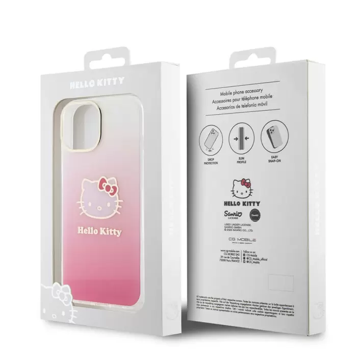 Apple İphone 15 Kılıf Hello Kitty Orjinal Lisanslı Yazı Ve İkonik Logolu Elektroplating Kaplama Gradyan Kapak