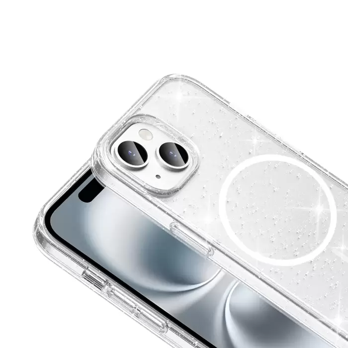 Apple İphone 15 Kılıf Magsafe Şarj Özellikli Parlayan Simli Saydam Renkli Lopard Maris Kapak