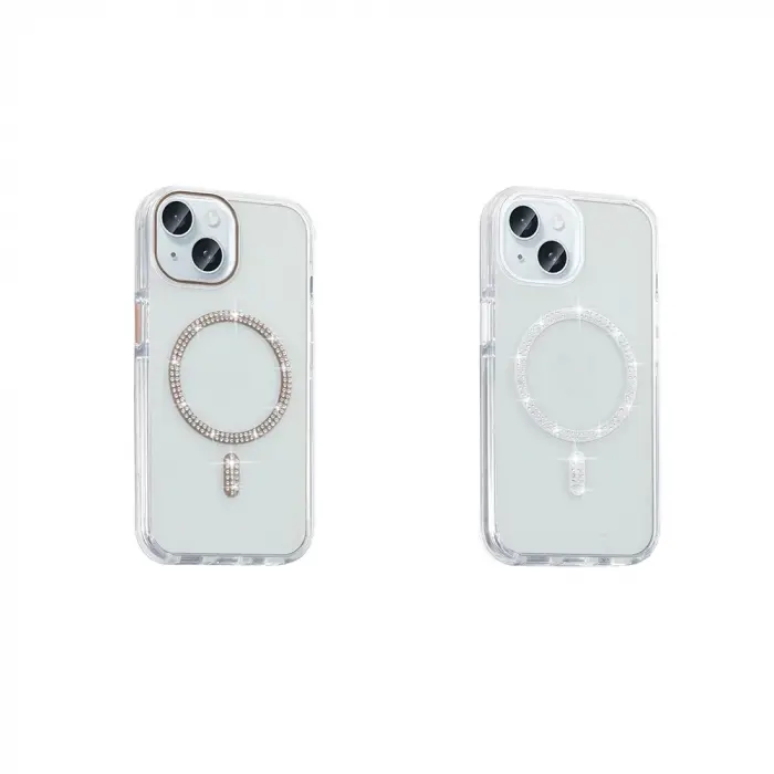 Apple İphone 15 Kılıf Taşlı Tasarım Magsafe Şarj Özellikli Lopard Koment Silikon Kapak