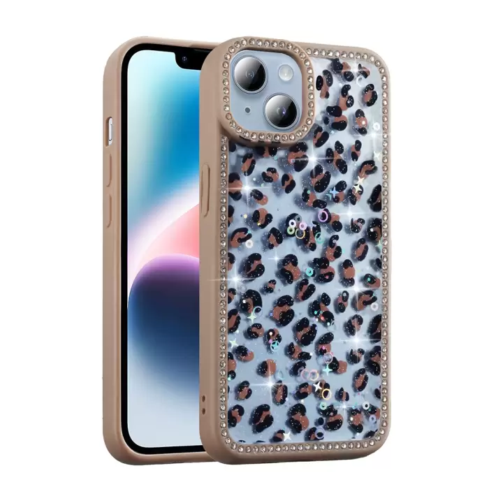 Apple İphone 15 Kılıf Taşlı Ve Simli Tasarım Lopard Azra Kapak