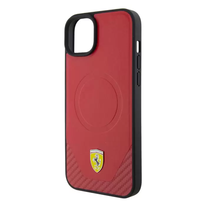 Apple İphone 15 Plus Kılıf Ferrari Orjinal Lisanslı Magsafe Şarj Özellikli Metal Logolu Pu Karbon Kapak