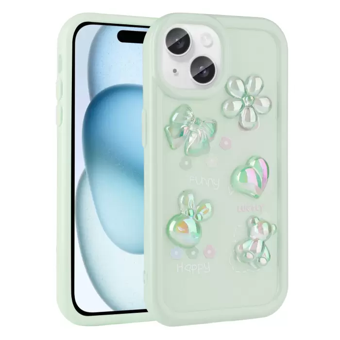 Apple iPhone 15 Plus Kılıf Kabartma Figürlü Parlak Lopard Toys Silikon Kapak