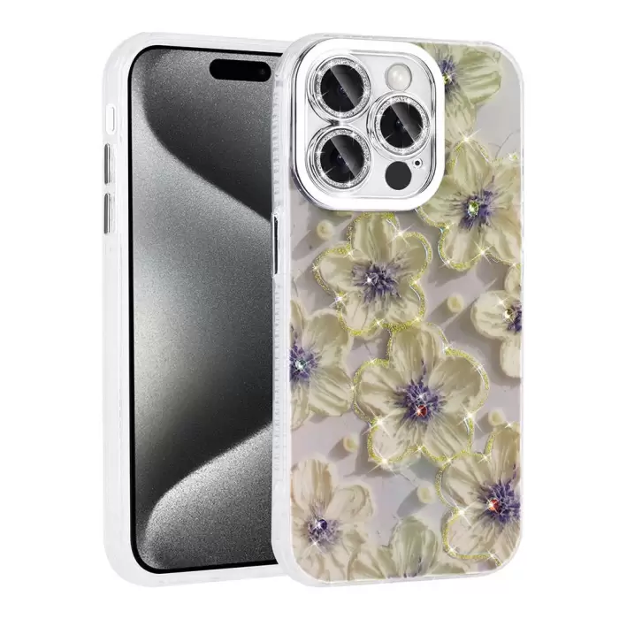 Apple iPhone 15 Pro Kılıf Çiçek Desenli Parlak Taşlı Sert Silikon Lopard Garden Kapak