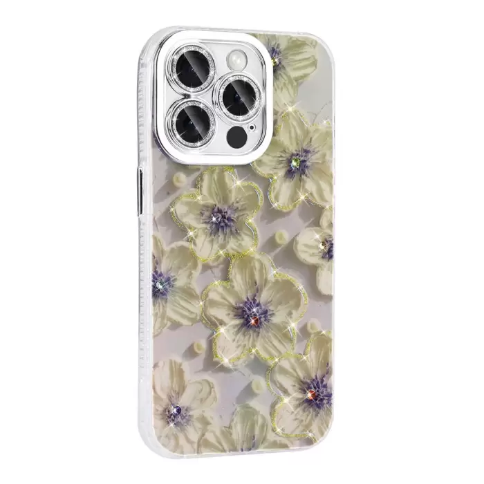 Apple iPhone 15 Pro Kılıf Çiçek Desenli Parlak Taşlı Sert Silikon Lopard Garden Kapak