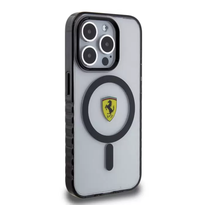Apple İphone 15 Pro Kılıf Ferrari Orjinal Lisanslı Magsafe Şarj Özellikli Tırtıklı Kenar Tasarımlı Ortalanmış Logo Kapak