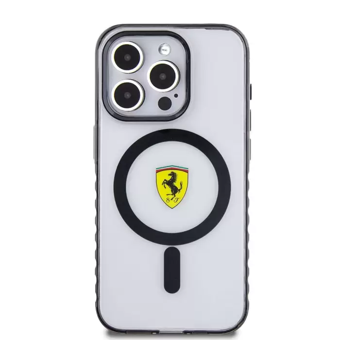 Apple İphone 15 Pro Kılıf Ferrari Orjinal Lisanslı Magsafe Şarj Özellikli Tırtıklı Kenar Tasarımlı Ortalanmış Logo Kapak
